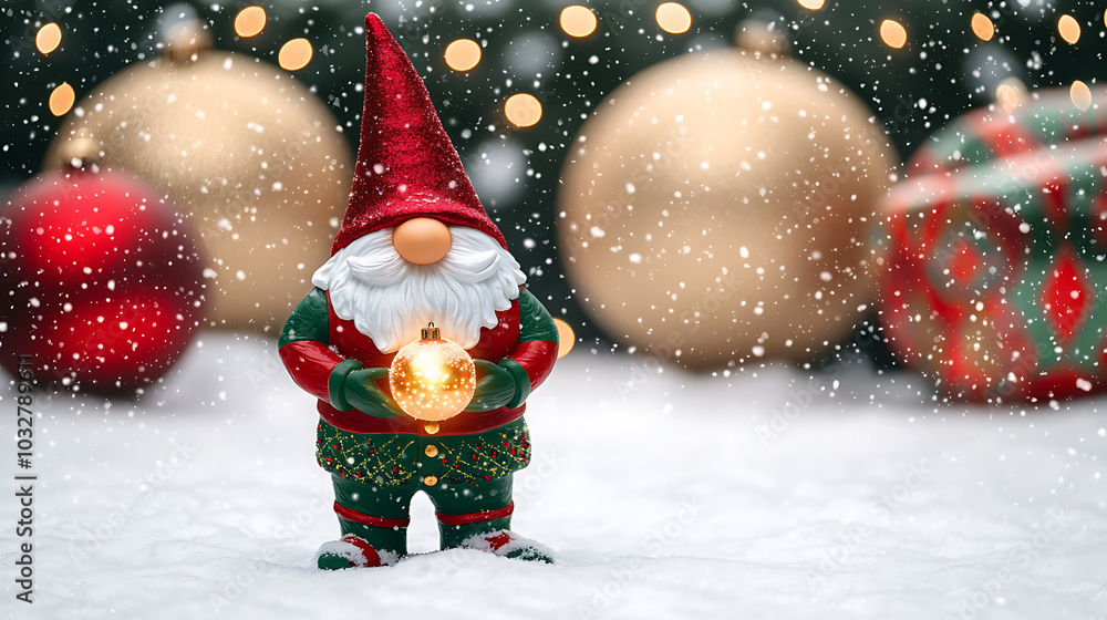 A little gnome with a Christmas ornament in the snow. A little gnome with a Christmas ornament in the snow.