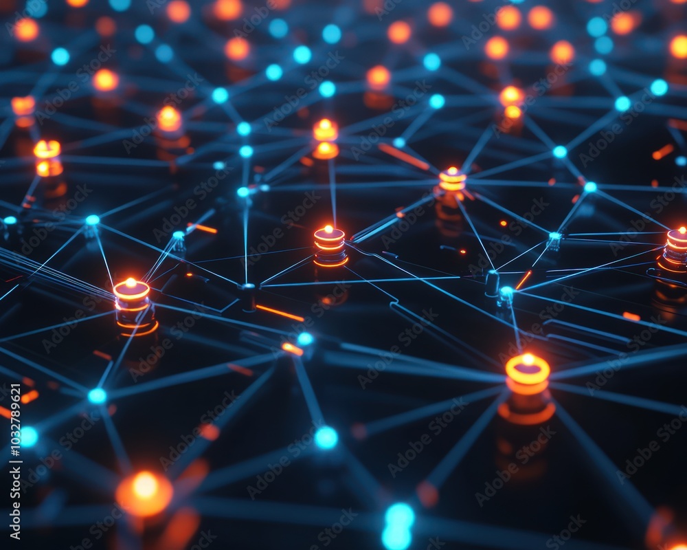 Digital network with interconnected nodes and glowing data points Digital network with interconnected nodes and glowing data points