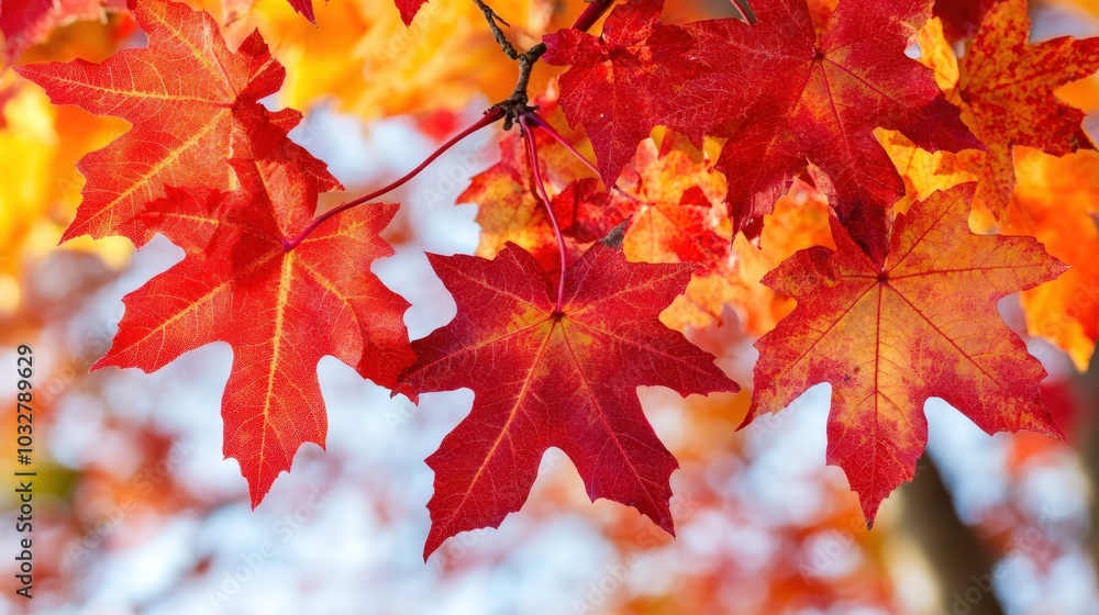 Close-up of vibrant red and orange maple leaves on a branch with a blurred background. Close-up of vibrant red and orange maple leaves on a branch with a blurred background.