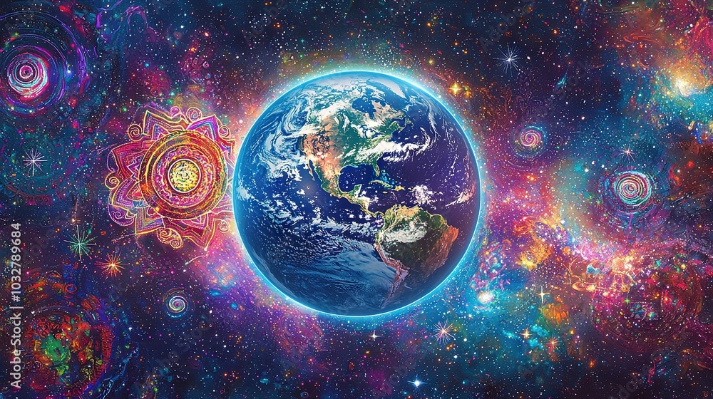 Obraz premium A vibrant photo of Earth surrounded by stars and a spiral in the foreground