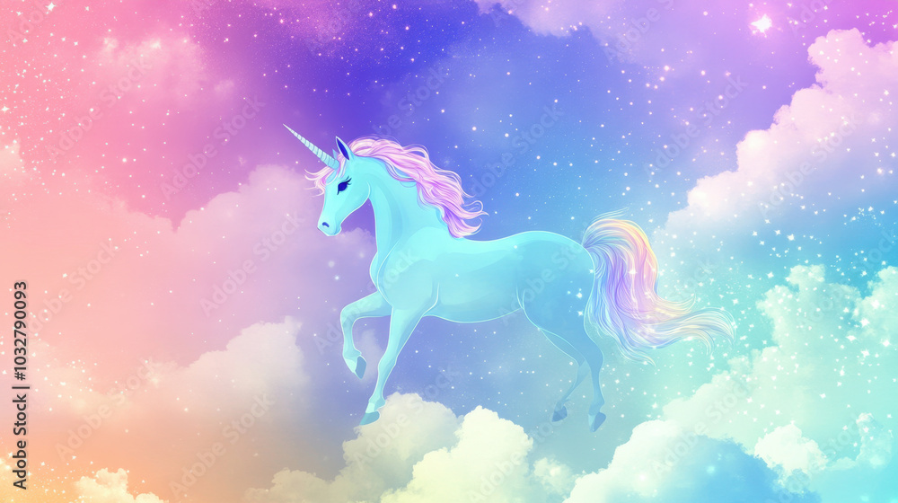 A majestic unicorn leaps gracefully among vibrant pastel clouds at dawn A majestic unicorn leaps gracefully among vibrant pastel clouds at dawn