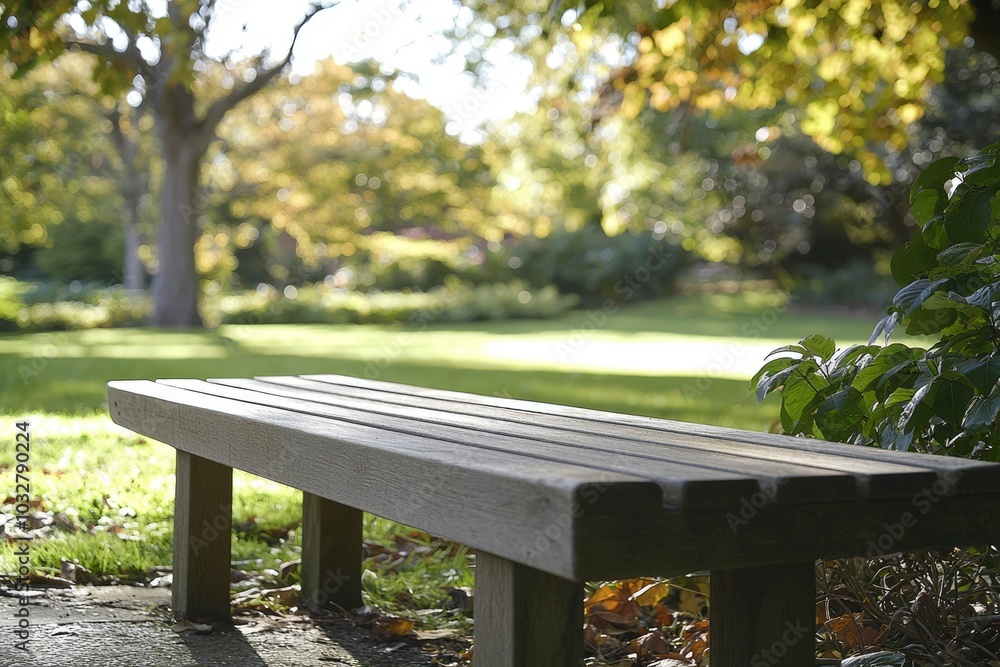 Wooden Bench in a Sunlit Park Setting Wooden Bench in a Sunlit Park Setting