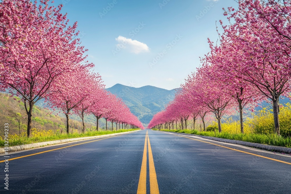 Fototapeta premium A winding road lined with cherry blossom trees leading into a valley