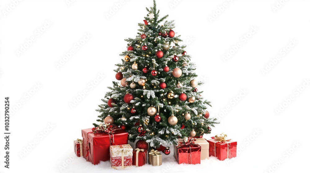 A Christmas tree with ornaments and gifts sits on a white background, ready for the New Year. A Christmas tree with ornaments and gifts sits on a white background, ready for the New Year.