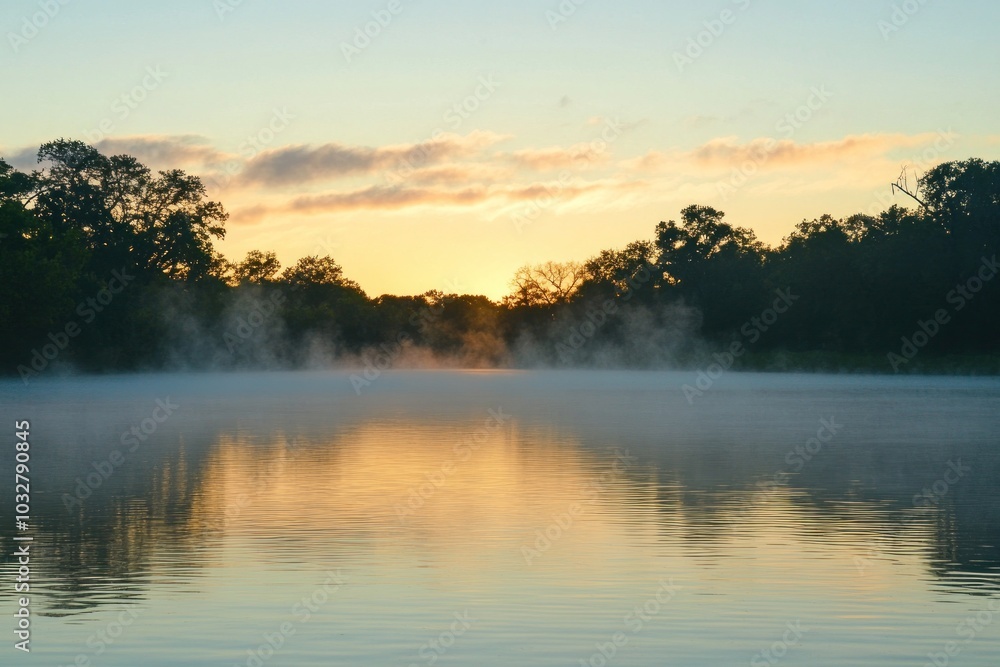 Fototapeta premium Misty Sunrise Over a Calm Lake with Silhouetted Trees