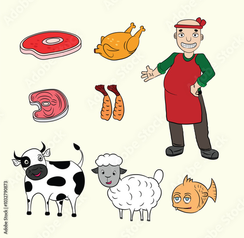 Butcher with his cow, sheep and fish in the shop