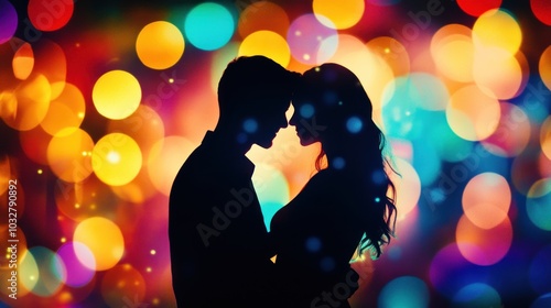 A romantic silhouette of a couple against a vibrant, colorful bokeh background.