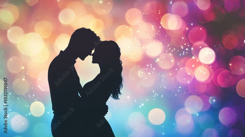 A romantic silhouette of a couple against a colorful, bokeh background. A romantic silhouette of a couple against a colorful, bokeh background.