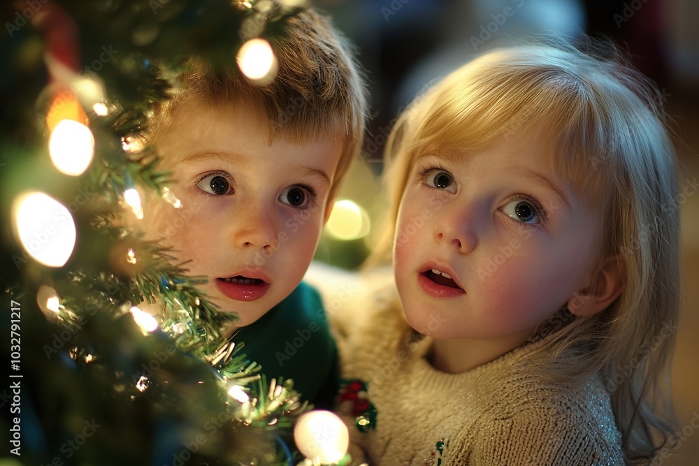 happy boy and girl at the Christmas party near the Christmas tree happy boy and girl at the Christmas party near the Christmas tree