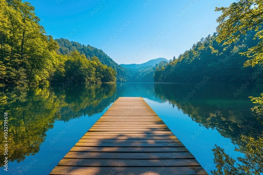 Wooden Dock Extending into a Serene Lake Surrounded by Lush Green Trees Wooden Dock Extending into a Serene Lake Surrounded by Lush Green Trees