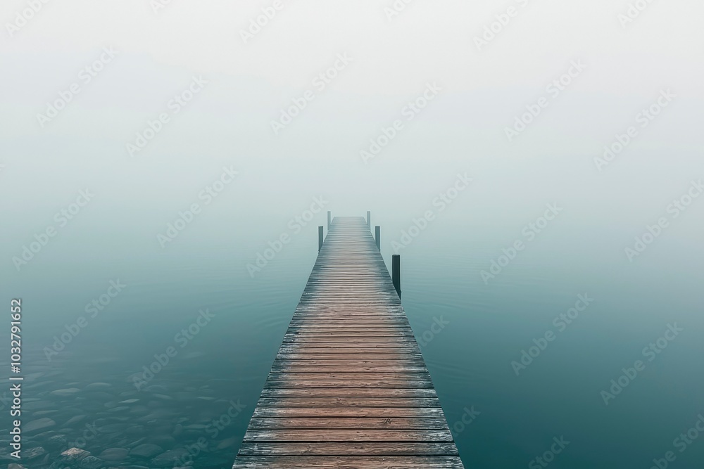 Fototapeta premium Wooden Dock Extending into Foggy Water