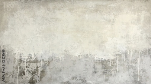   A painting depicts a white cat sitting on a white wall, surrounded by shades of gray The subject is captured in crisp detail and the overall aesthetic is monochromatic