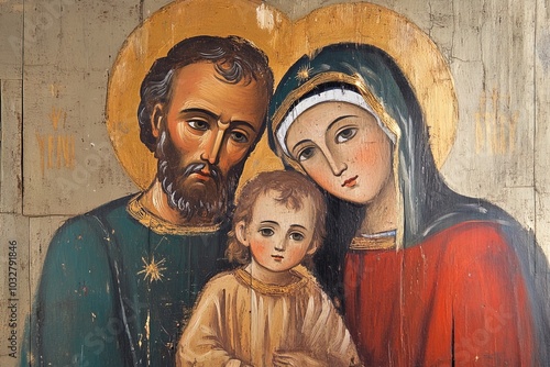 the image of the Holy Son of God in the form of an ancient icon: little Jesus, Mary and Joseph photo