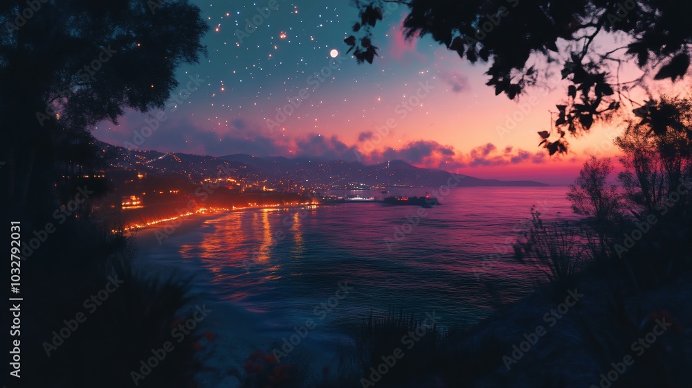 Obraz premium A picturesque view of a coastal city at sunset, with twinkling lights reflecting in the water.