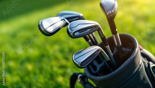 This close-up showcases the intricate details of a golf bag and clubs, illuminated by gentle daylight, set against lush green grass.