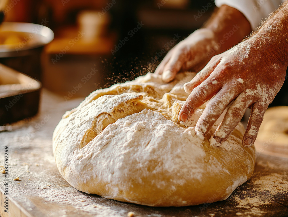 Crafting fresh bread dough in a cozy kitchen with textured surfaces and warm lighting Crafting fresh bread dough in a cozy kitchen with textured surfaces and warm lighting