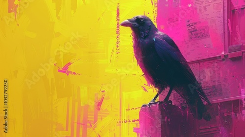 A vibrant raven perched against a colorful abstract background in bright shades of pink and yellow photo