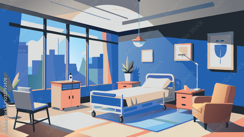 Modern hospital room with bed medical equipment panoramic windows and tiled floor vector illustration Modern hospital room with bed medical equipment panoramic windows and tiled floor vector illustration