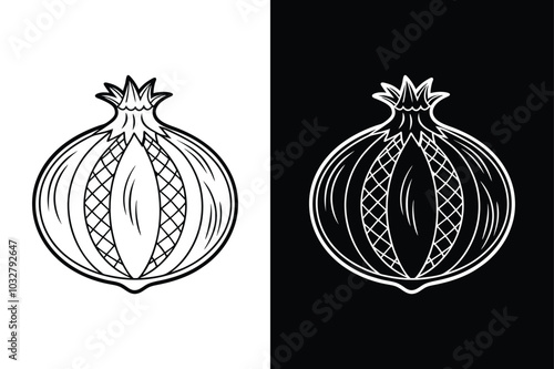 Pomegranate fruit cut in half line art vector icon. Pomegranate, silhouette icon on white background.