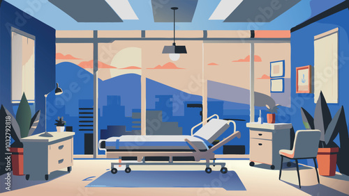Modern hospital room with bed medical equipment panoramic windows and tiled floor vector illustration