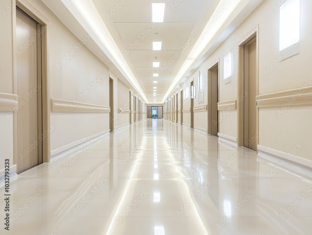 A quiet, sterile hospital corridor illuminated by soft lighting during the early evening hours A quiet, sterile hospital corridor illuminated by soft lighting during the early evening hours