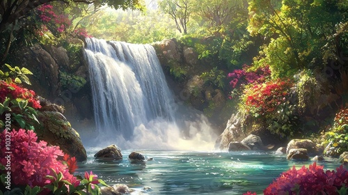 flowers waterfall sunny weather. Selective focus.