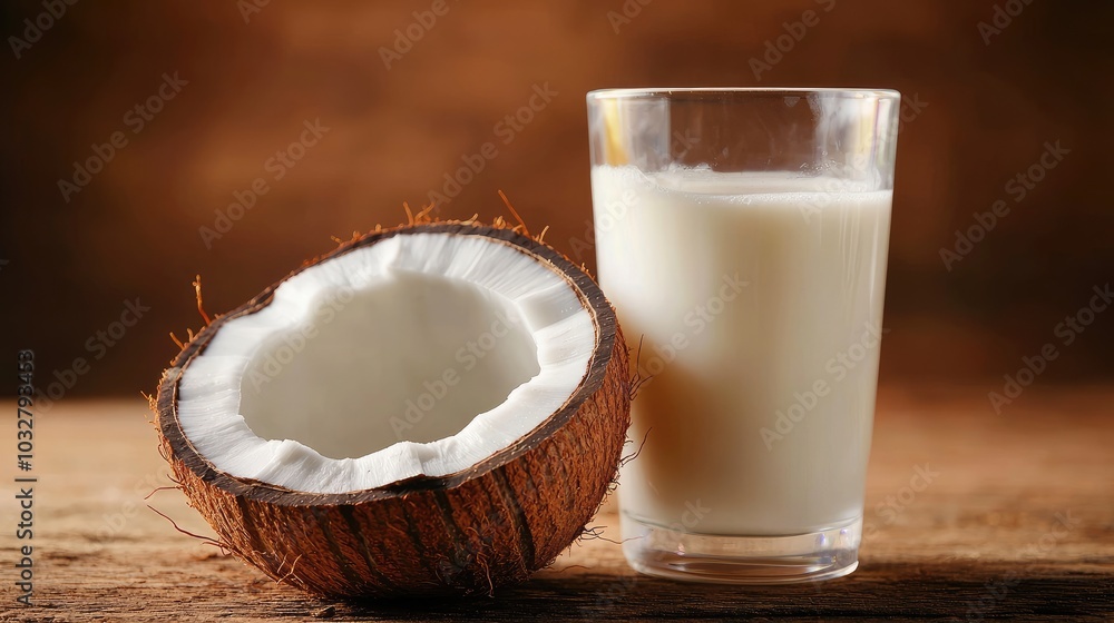 a coconut and a glass of coconut milk. Selective focus a coconut and a glass of coconut milk. Selective focus