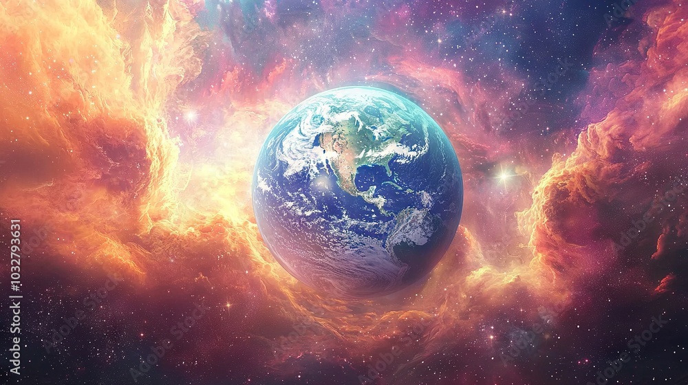 Earth viewed from space, with the sun at the center and stars in the background Earth viewed from space, with the sun at the center and stars in the background