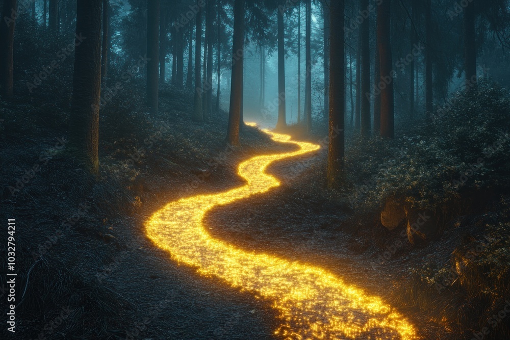 Obraz premium Luminous Path Through a Foggy Forest