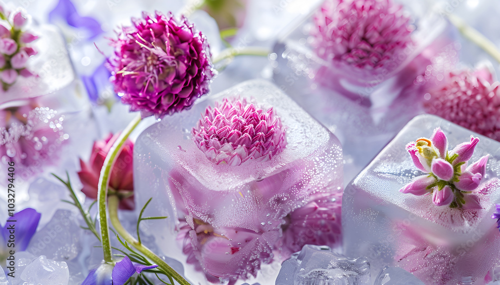 Fresh pink and purple flowers frozen inside ice cubes. Ice pyramids add a cool and refreshing element to the arrangement Fresh pink and purple flowers frozen inside ice cubes. Ice pyramids add a cool and refreshing element to the arrangement
