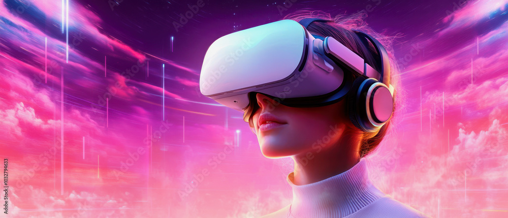 Exploring a vibrant virtual reality world with immersive VR glasses in a futuristic setting during an imaginative experience Exploring a vibrant virtual reality world with immersive VR glasses in a futuristic setting during an imaginative experience
