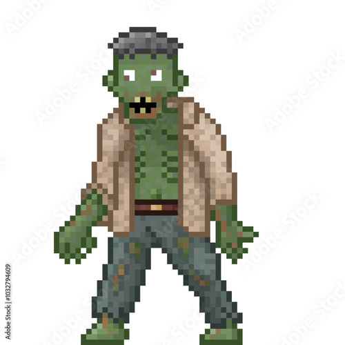 A retro-styled pixel-art illustration of a green zombie with torn clothes and crazy eyes.