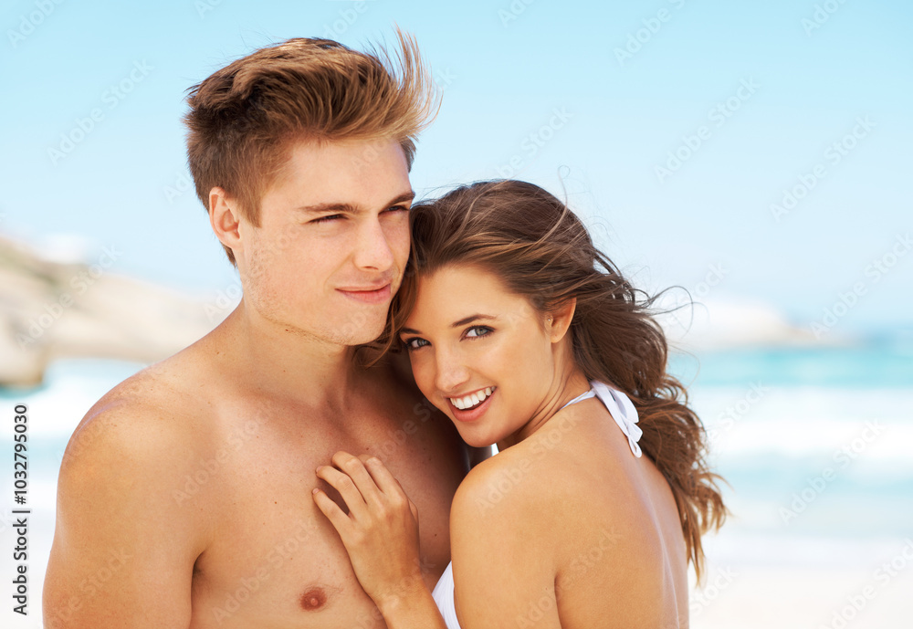 Couple, love and relax for travel on beach with blue sky, summer holiday and bonding together of date. Happy, people and embracing with swimwear for romance, tropical vacation and destination outdoor Couple, love and relax for travel on beach with blue sky, summer holiday and bonding together of date. Happy, people and embracing with swimwear for romance, tropical vacation and destination outdoor