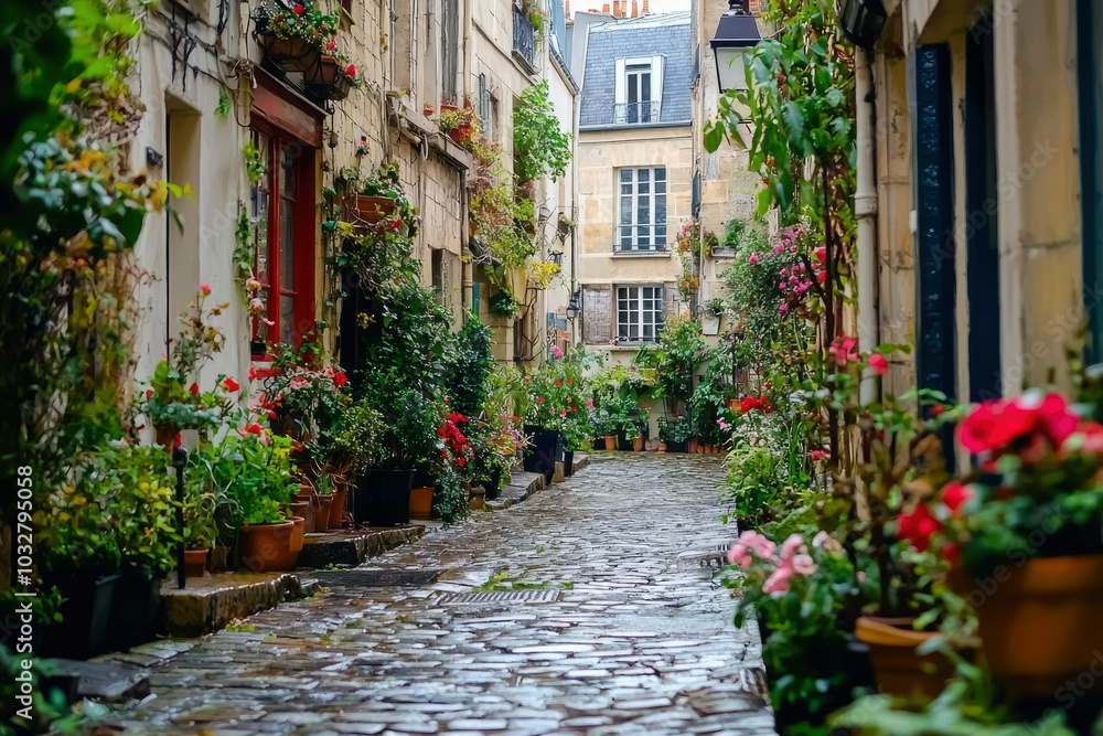 A Cobblestone Alleyway Lined with Greenery in Paris A Cobblestone Alleyway Lined with Greenery in Paris