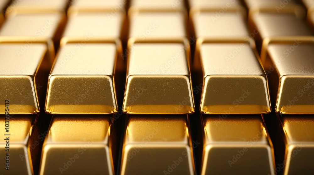 Fototapeta premium A collection of gleaming gold bars arranged neatly, showcasing their reflective surfaces and rich golden hue.
