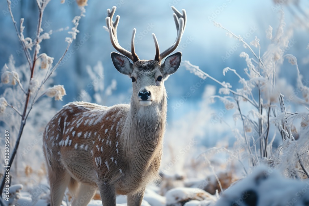 beautiful deer with antlers in the winter forest among snow-covered trees beautiful deer with antlers in the winter forest among snow-covered trees