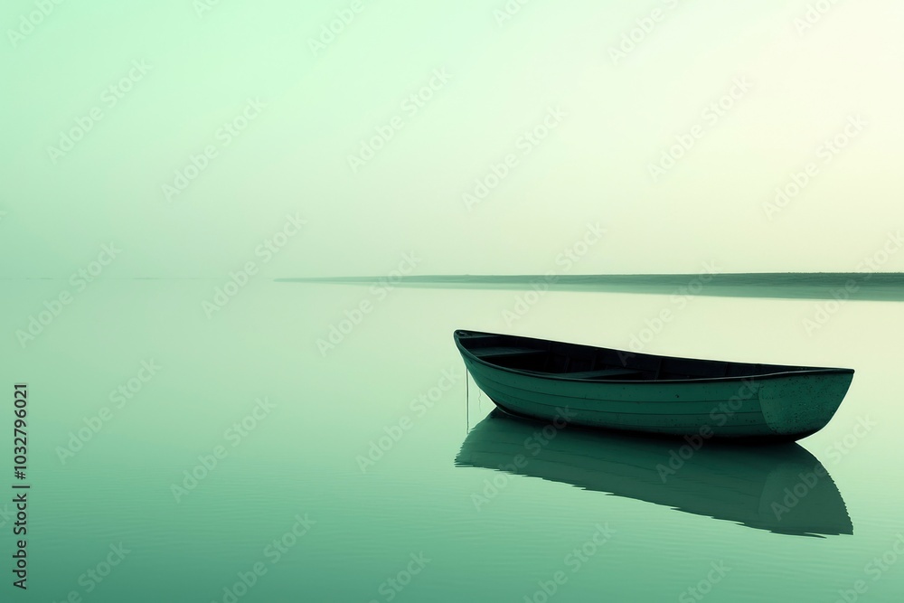 A Single Rowboat Anchored in a Misty Green Lake A Single Rowboat Anchored in a Misty Green Lake