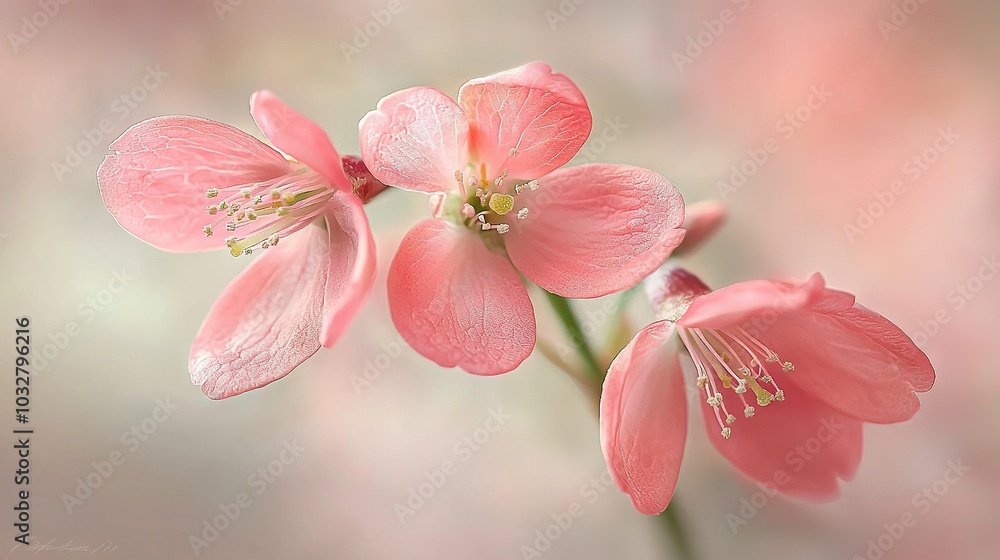Obraz premium A close-up of a pink flower with water droplets on its petals and a green stem in the foreground