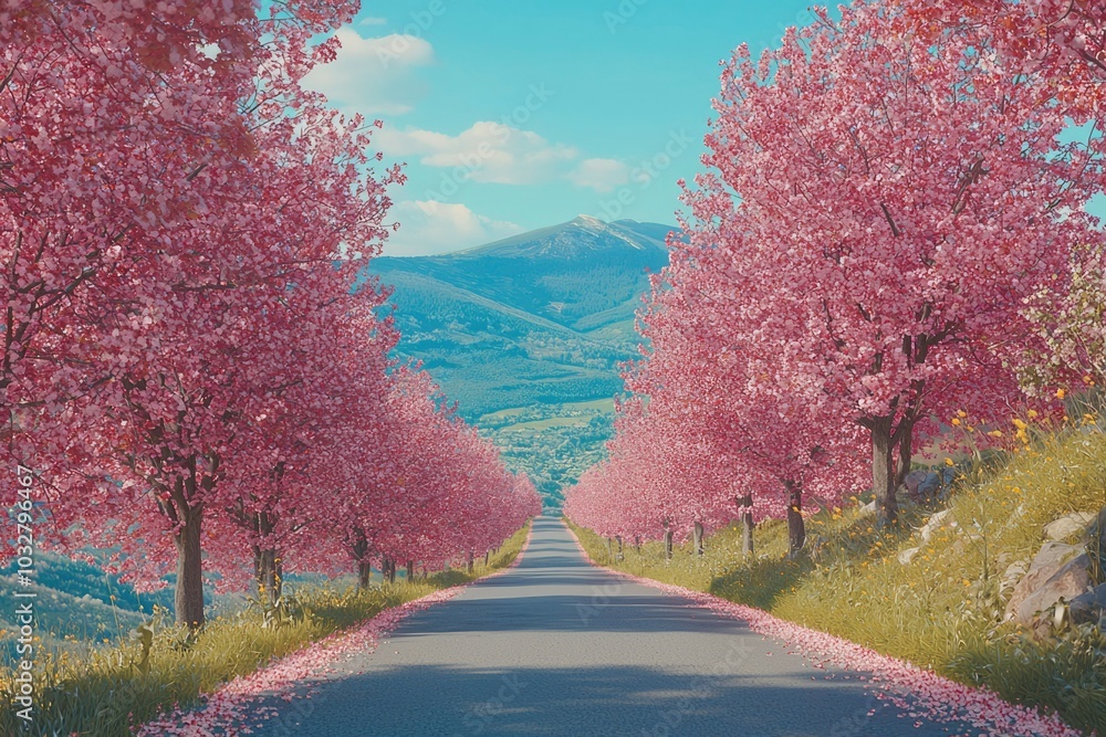 Scenic Road Lined with Pink Cherry Blossom Trees in a Mountain Valley Scenic Road Lined with Pink Cherry Blossom Trees in a Mountain Valley