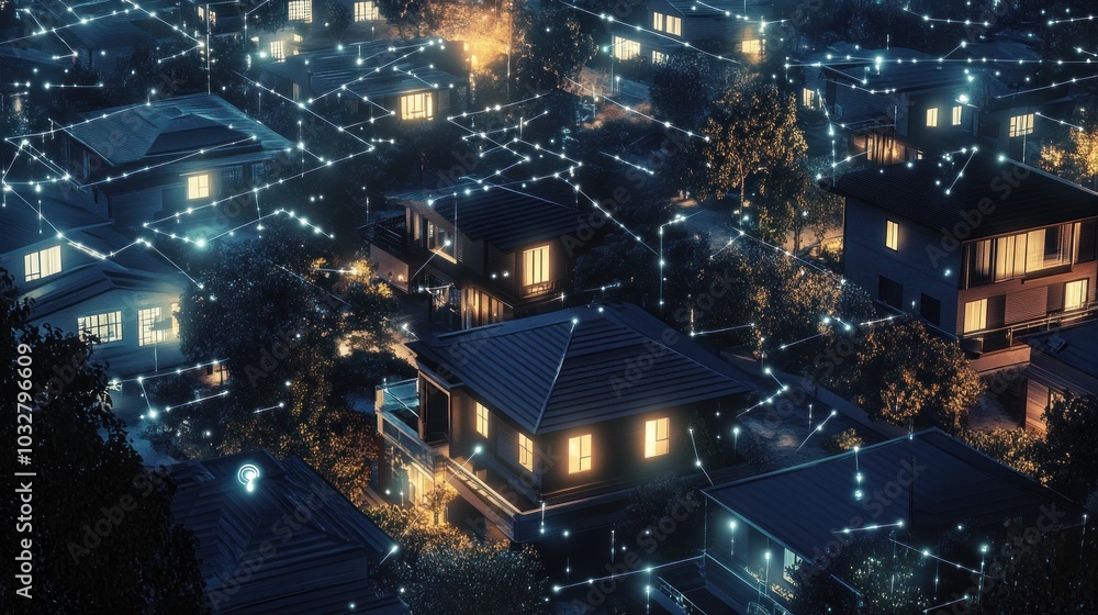 A nighttime view of interconnected houses illuminated by lights, symbolizing connectivity. A nighttime view of interconnected houses illuminated by lights, symbolizing connectivity.