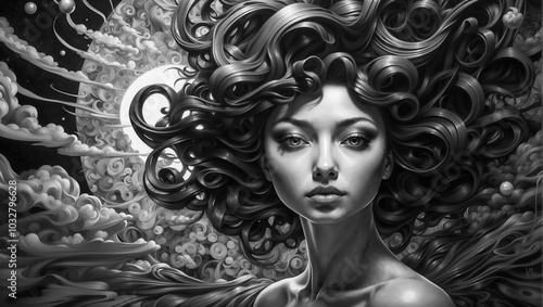 Wavy Beautiful Women Within A Cloudy Background