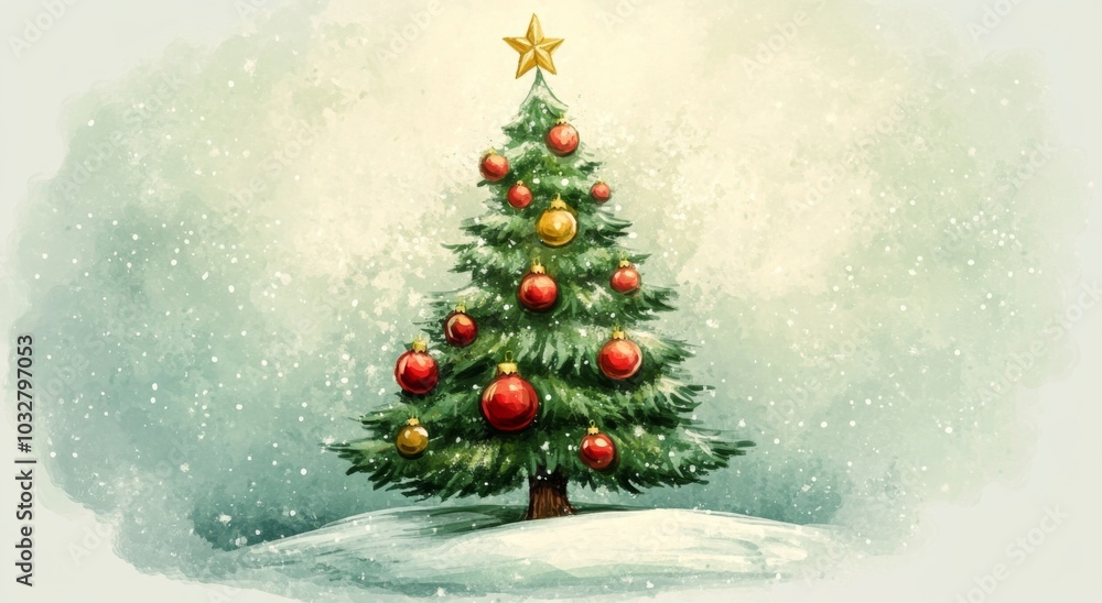 Festive Christmas tree adorned with ornaments set against a light green oval background. Festive Christmas tree adorned with ornaments set against a light green oval background.