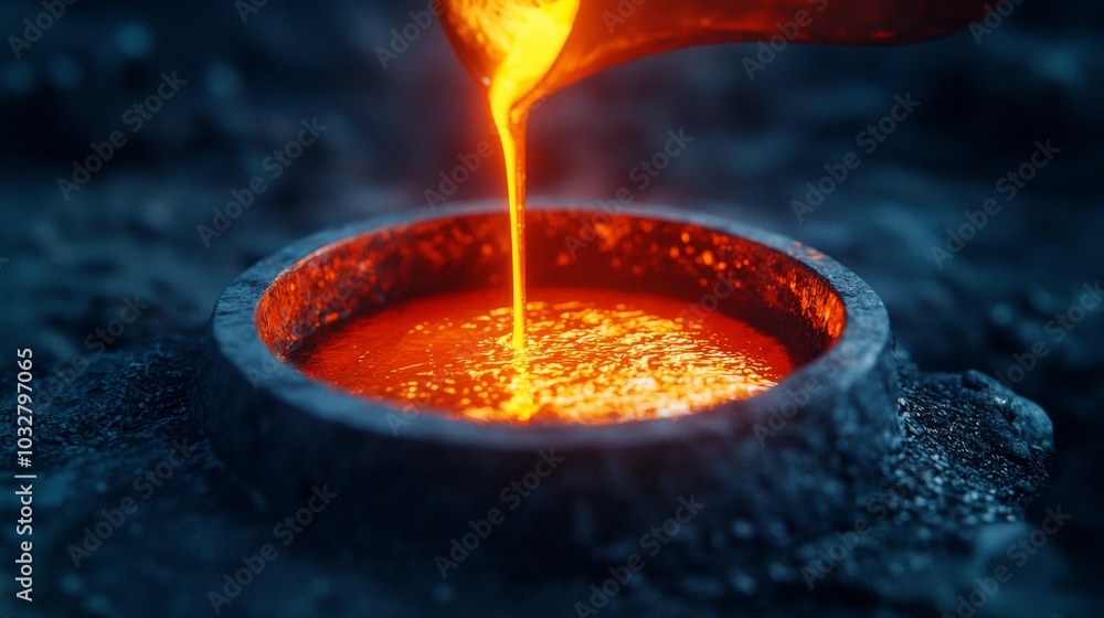 A glowing stream of molten metal is poured into a round mold, revealing a vibrant orange hue against a textured, dark background. A glowing stream of molten metal is poured into a round mold, revealing a vibrant orange hue against a textured, dark background.