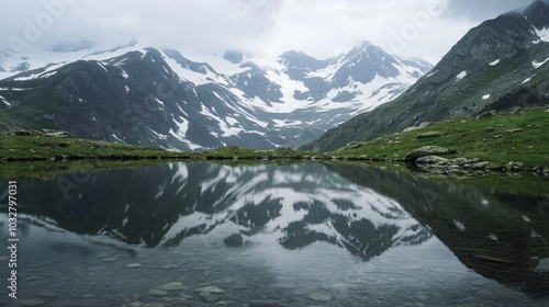 A serene mountain landscape with a reflective lake and snow-capped peaks under a cloudy sky.