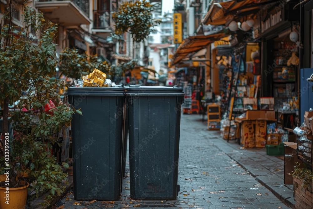 Obraz premium Two Black Trash Bins on a Cobblestone Street in a City
