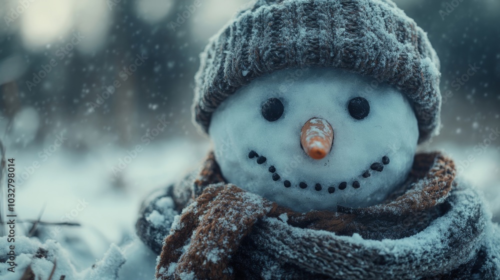 Obraz premium A forgotten snowman on the edge of a snowy forest, his eyes made of coal slipping down, with his scarf and hat in disarray as the snow starts to melt 