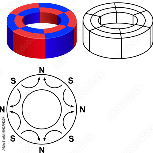 A multi-polar magnetized through O.D. (outer diameter). A ring-shaped permanent magnet where multiple magnetic poles (north and south) are arranged around the outer diameter.