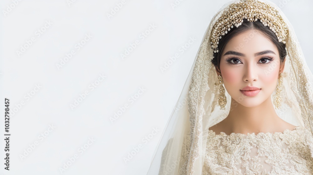 Close-up of an asian bride with lace veil in soft light, eyes closed in serenity. Concept of elegance. Close-up of an asian bride with lace veil in soft light, eyes closed in serenity. Concept of elegance.