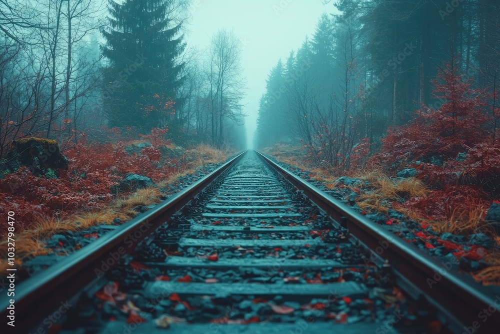 Fototapeta premium Train Tracks Leading Through a Foggy Forest