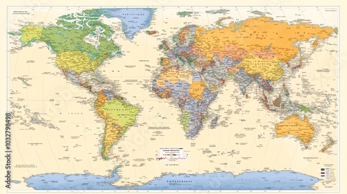 Fototapeta Naklejka Na Ścianę i Meble -  Detailed world map with political boundaries and landforms.